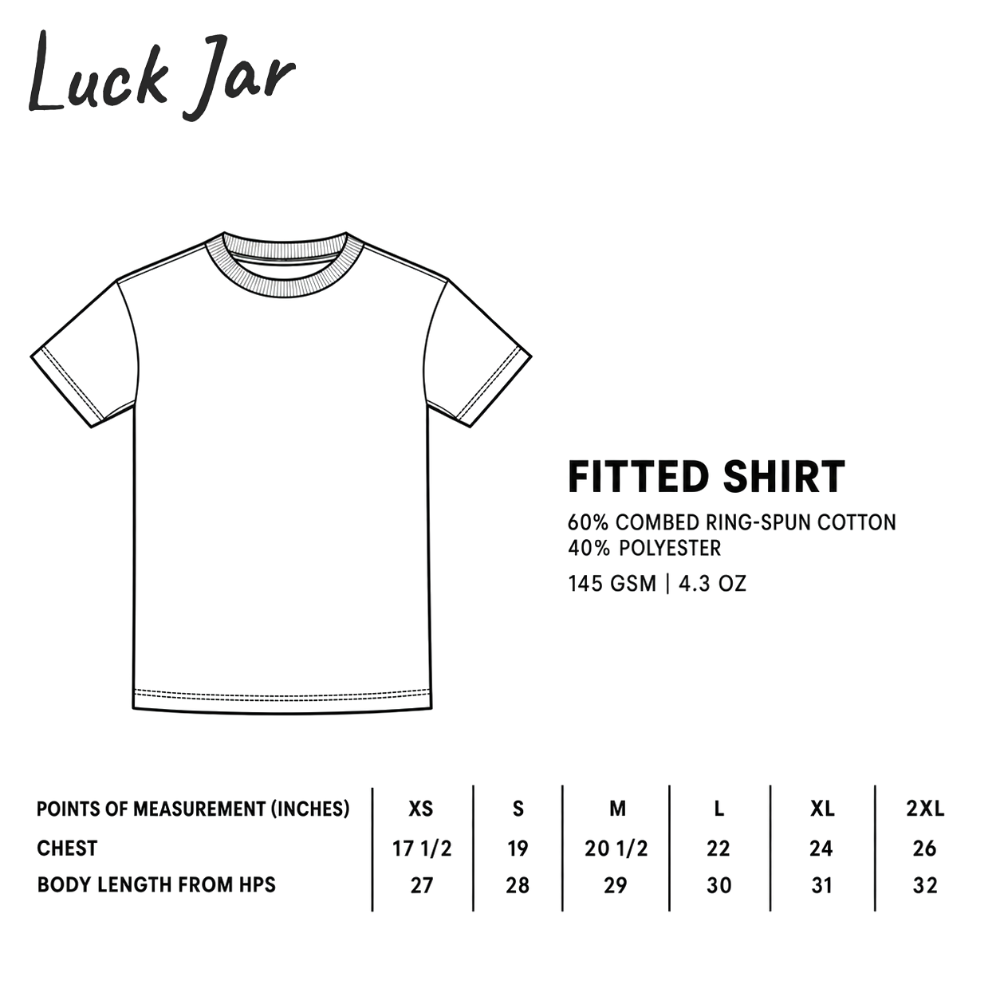 Luck Jar Fitted Shirt measurement guide, sizes XS through 2XL